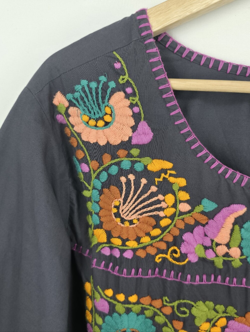 Sister Mary Embroidered Cotton Tunic Dress Large Gray Boho Folk Floral Artisan - Picture 5 of 16